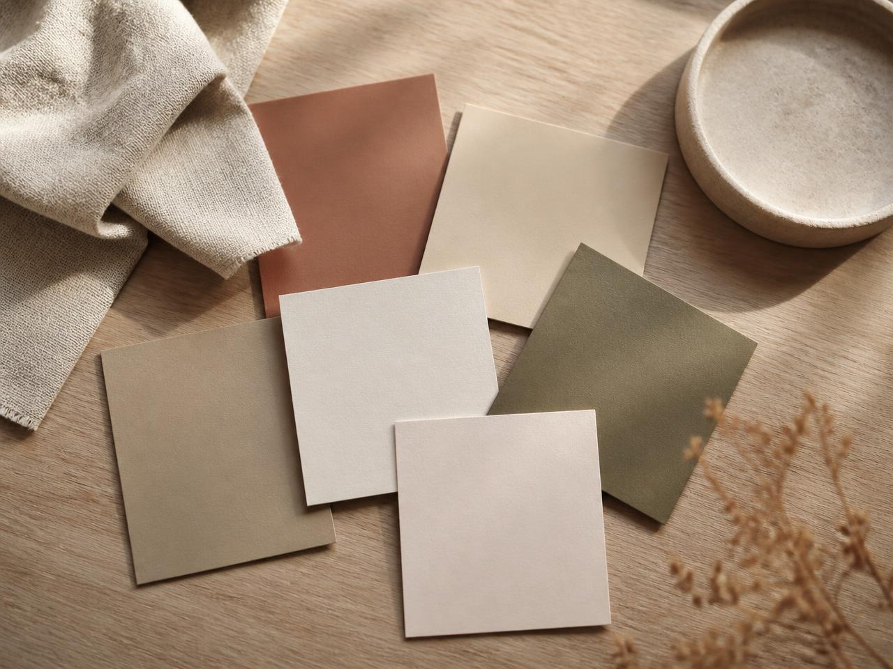 Paint swatch cards in clay, bone and olive tones beside a linen sample