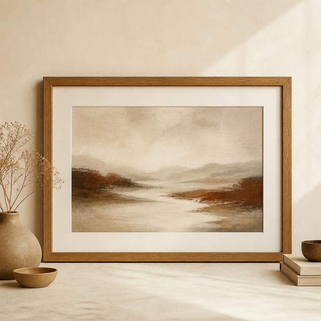 Artwork — One large-scale abstract landscape, matted, hung 8 – 10" above the sofa back