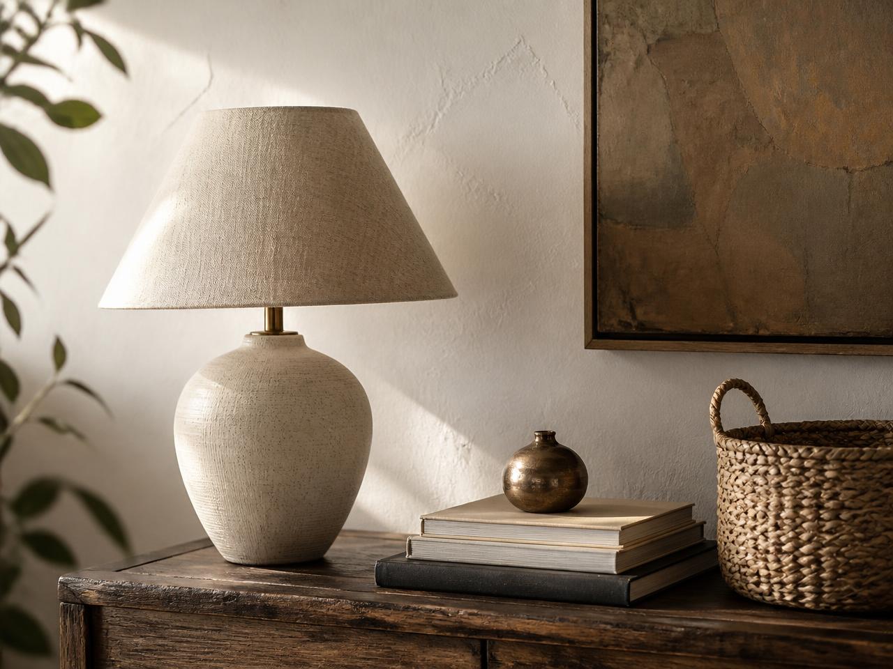 A quiet corner vignette with a ceramic lamp, art books and a woven basket